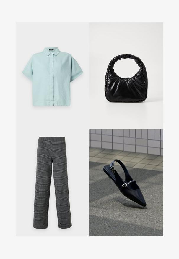 Helles blaues Kurzarmhemd mit Kragen aus strukturiertem Stoff; verfügt über eine durchgehende Knopfleiste und eine lockere Passform. Schlichtes Design ohne Muster.; Vero Moda VMBERLIN WIDE PANT - Stoffhose - dark grey/black; Schwarzer Slingback-Flachschuh mit spitz zulaufender Spitze und doppelten Schnallenriemen, ruhend auf grauem Asphalt nahe einer gefliesten Wand.; Schwarze gepolsterte Handtasche mit einem runden Griff, die eine glatte, glänzende Oberfläche und eine weiche, gestepfte Textur aufweist. Keine sichtbare Hardware oder Akzente.