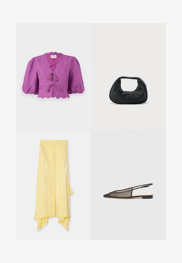 Blouse courte violette avec manches bouffantes, bords festonnés et deux fermetures à nouer à l'avant avec des accents de perles en bois.; Jupe midi jaune avec un ourlet asymétrique, fabriquée en tissu brillant et lisse. Elle présente une taille ajustée et une silhouette fluide.; Chaussure à talon ouvert noir et or avec un bout pointu, un design en maille et une semelle plate. Équipée d'une fine sangle au niveau de la cheville avec un accent de boucle circulaire.; Sac hobo tissé noir avec une structure souple et une poignée intégrée, présenté sur un fond clair uni.
