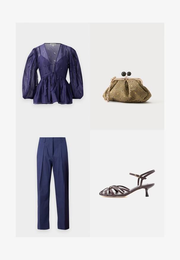 Blusa azul marino con tejido transparente, escote en forma de v y mangas abullonadas. Presenta una cintura fruncida con detalles de bordado floral en toda la prenda.; Pantalones azul marino de tejido ligero, con corte recto, pliegues frontales y una textura suave.; Sandalia de tacón bajo tipo gatito de cuero marrón oscuro con tiras y hebilla ajustable en el tobillo, sobre fondo blanco.; Pequeño bolso de mano con patrón geométrico en dorado y negro, marco metálico dorado, cierre de bola negro y una corta correa de cadena dorada.