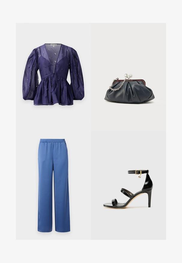 Tumedat sinine pluus läbipaistva kangaga, V-kaelusega ja puhvri varrukatega. Omab kogutud taljet ning lillede tikandi aktsente kogu ulatuses.; Sinised laiad püksid elastse vöökohtaga, valmistatud siledast kangast. Omavad sirget lõiget ning neil puuduvad nähtavad taskud või kaunistused.; Must musta nahk sandaal kolme rihmaga, pahkluu vööga ja 4-tollise stilettakontsaga. Omab kuldset detaili ja logovõtit.; Meresinine nahast käekott kimpudega, hõbedase kettast rihma ja klõpskinnisega. Sile pind väikese läikega.