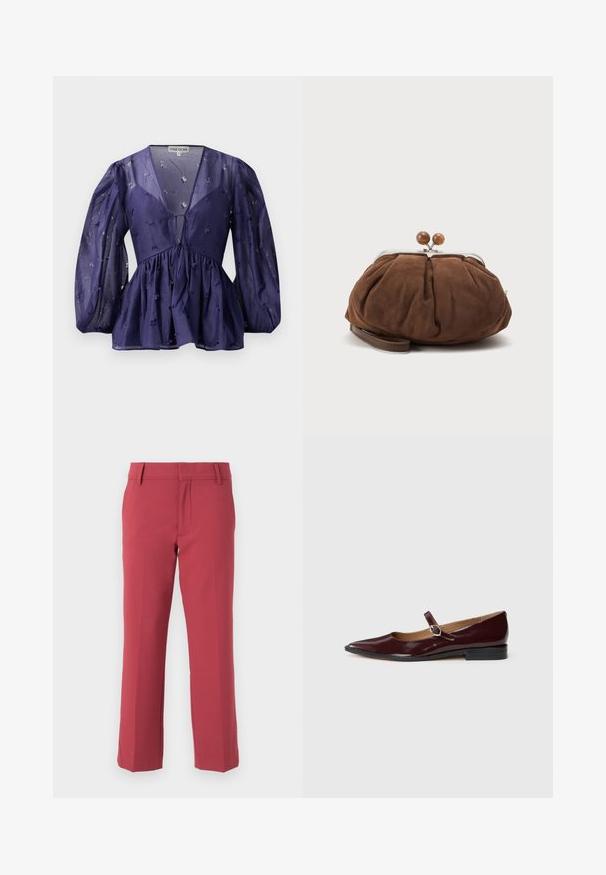 Marineblauwe blouse van doorschijnende stof, met V-hals en opbollende mouwen. Heeft een gathered taille met bloemmotieven als accenten.; CLOSED SERANDON - Broek - cherry red; Bordeaux patentleren Mary Jane ballerina's met een spitse neus, platte hak en een decoratieve band met een ronde gespaccent.; Zachte bruine suède polstasje met zilverkleurige metalen frame en ronde bruine sluitknopjes op een effen lichte achtergrond.