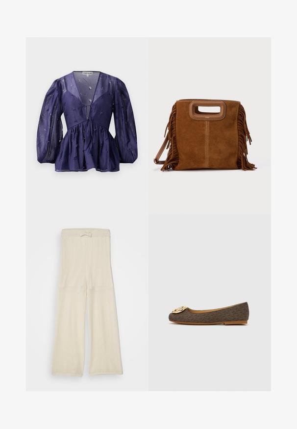 Mørkeblå bluse med gennemsigtigt stof, V-hals og pufærmer. Har samlet talje med blomsterbroderi detaljer overalt.; Lys beige, mesh bredde benbukser med snor i taljen, der har en løs pasform og en struktureret overflade. Velegnet til afslappet brug.; Brun mønstret flad sko med en rund tå og en guldemblem-accent foran. Har en tekstureret overflade og en tynd gummisål.; Brun ruskindshåndtaske med frynseaccenter, rektangulær form, kort håndtag og lang skulderrem. Har kontrasterende syningsdetaljer.