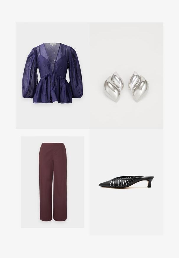 Dunkelblaue Bluse aus durchsichtigem Stoff, mit V-Ausschnitt und voluminösen Ärmeln. Sie hat eine geraffte Taille mit floralen Stickereien in der gesamten Bluse.; Braune, hoch taillierte, weit geschnittene Hosen mit glatter Vorderseite und Seitentaschen, vor einem schlichten hellen Hintergrund dargestellt.; Schwarze Leder-Mule mit spitzer Schuhspitze, Riemchen-Design und niedrigem Kittenheel auf weißem Hintergrund.; Silberne Ohrringe mit einer organischen, abstrakten Form. Glatte, glänzende Oberfläche mit einem konischen Design. Mit dezenten Kurven und einem zentralen Linienelement.