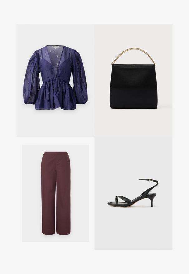 Dunkelblaue Bluse aus durchsichtigem Stoff, mit V-Ausschnitt und voluminösen Ärmeln. Sie hat eine geraffte Taille mit floralen Stickereien in der gesamten Bluse.; Braune, hoch taillierte, weit geschnittene Hosen mit glatter Vorderseite und Seitentaschen, vor einem schlichten hellen Hintergrund dargestellt.; Schwarze Ledersandale für Damen mit dünnen Riemchen, einer Zehenlasche, einer Knöchelschnalle und einem mittelhohen Stöckelabsatz vor neutralem Hintergrund.; Schwarze Tasche aus glattem Stoff mit strukturierter Form, einem Griff aus goldener Kette und minimalistischem, geometrischem Design.