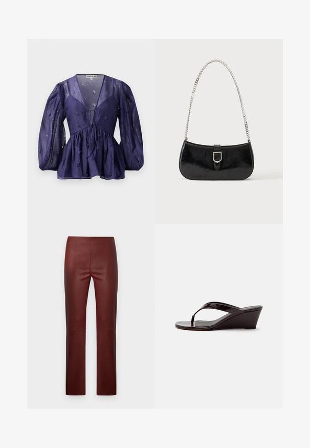 Dunkelblaue Bluse aus durchsichtigem Stoff, mit V-Ausschnitt und voluminösen Ärmeln. Sie hat eine geraffte Taille mit floralen Stickereien in der gesamten Bluse.; Weinrote Hose aus Kunstleder mit engem Schnitt, glatter Textur, geradem Bein und ohne sichtbare Beschläge oder Akzente.; Braune Sandale mit Keilabsatz aus Lackleder mit Zehensteg und offenem Zehenbereich, seitlich auf einfarbigem Hintergrund gezeigt.; Schwarze Schultertasche aus Lackleder mit silberner Schnalle und silbernem Kettenriemen, auf hellem einfarbigen Hintergrund präsentiert.