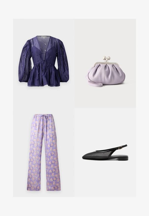 Blouse bleu marine en tissu transparent, décolleté en V et manches bouffantes. Présente une taille froncée avec des accents de broderie florale.; Pantalons floraux lilas clair avec taille élastique et cordon de serrage. Dotés d'un tissu doux, d'une coupe ample et d'un motif de fleurs roses et vertes.; Chaussure plate noire à bride arrière, bout pointu, tige en mesh, bride à boucle réglable et petit talon empilé sur fond blanc.; Pochette lavande douce avec tissu froncé, fermoir kiss-lock argenté et bracelet assorti sur un fond clair uni.