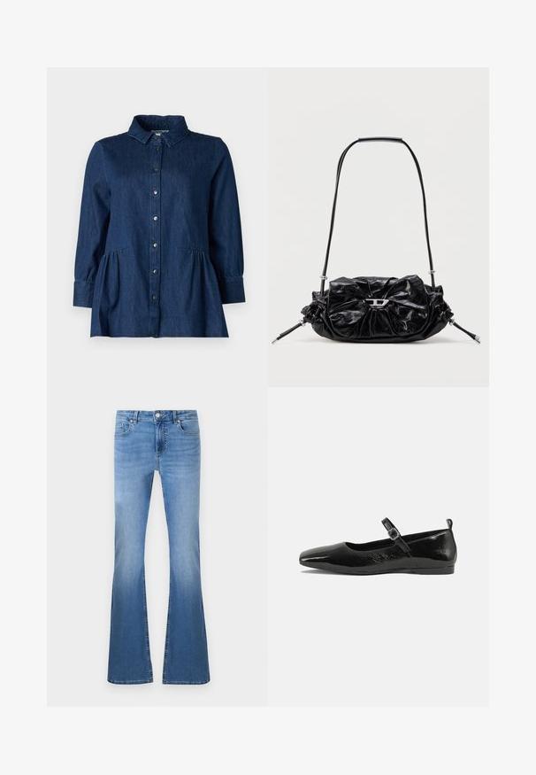 Mørk denimskjorte med krave, knaplukning foran, lange ærmer og indsamlede peplum-detaljer ved taljen. Glat tekstur og klassisk design.; Lysblå, flagrende jeans med en falmet finish, der har en frontknap og lynlås lukning, fem-lomme design og synlige syningsdetaljer.; Sorte patentlæder flade sko med spidse tæer, en ankelrem med spænde og en glat, blank tekstur. Lav hæl for komfort.; Sort læderhåndtaske med et opsamlet design og sløjfedetalje foran. Har en kort hank og sølvfarvede hardware-accenter.