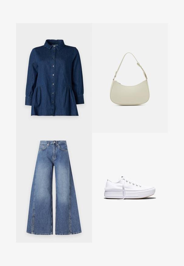 Chemise en denim foncé avec col, boutonnage sur le devant, manches longues et détails froncés style basque à la taille. Texture lisse et design classique.; Jean en denim à jambes larges de couleur bleu clair. Fabriqué en coton texturé, avec une taille haute, des poches avant et des coutures latérales distinctes.; Baskets basses blanches en toile avec semelle plateforme épaisse, lacets sur le devant et embout en caoutchouc texturé, vues de profil.; Pieces PCALUANA SHOULDER BAG - Sac à main - birch