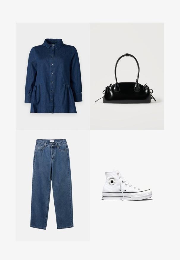 Mørk denimskjorte med krave, knaplukning foran, lange ærmer og indsamlede peplum-detaljer ved taljen. Glat tekstur og klassisk design.; Klassiske blå denimbukser med lige ben, fem lommer og knaplukning. Har en medium vask og en robust tekstur.; Hvid højtop Converse Chuck Taylor All Star-sneaker med sort logo-patch og hvide snørebånd, vist på hvid baggrund.; Lille sort blank håndtaske med to lange håndtag og snøre-detaljer i siden på en ensfarvet lys baggrund.