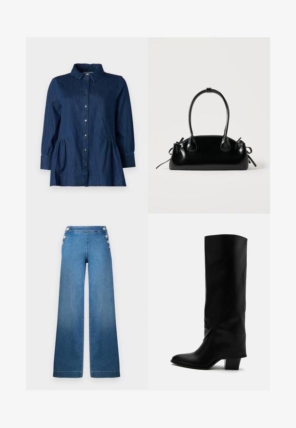 Mørk denimskjorte med krave, knaplukning foran, lange ærmer og indsamlede peplum-detaljer ved taljen. Glat tekstur og klassisk design.; Bredde ben blå denim bukser med høj talje, knappede sidde accenter og en ren kant. Stoffet har en glat tekstur med let falmning.; Høj sort læderstøvle med skråt syning, spids tå og kraftig mellemhøj hæl på hvid baggrund.; Lille sort blank håndtaske med to lange håndtag og snøre-detaljer i siden på en ensfarvet lys baggrund.