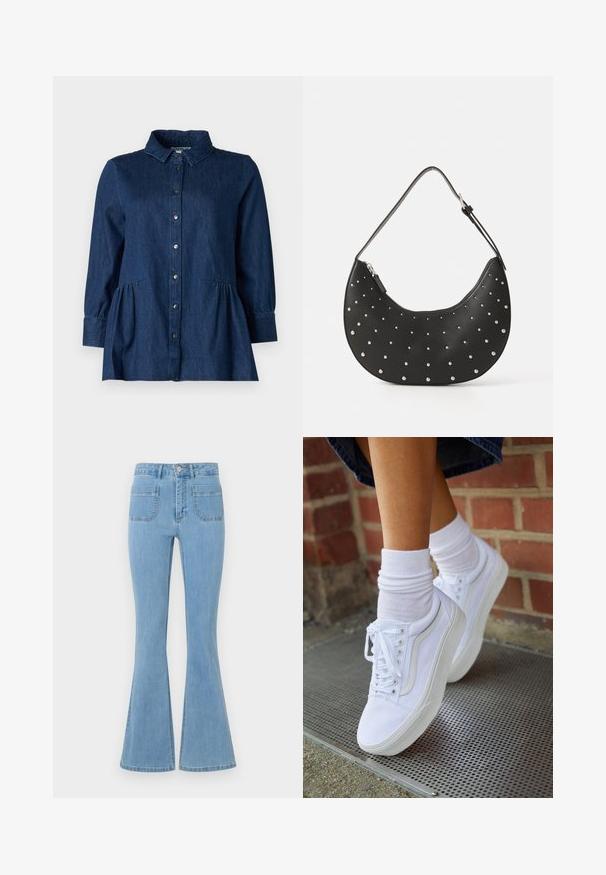 Chemise en denim foncé avec col, boutonnage sur le devant, manches longues et détails froncés style basque à la taille. Texture lisse et design classique.; Jean flare bleu clair avec taille haute, cinq poches et une texture en denim lisse avec des détails cousus le long des coutures.; Baskets en toile blanches avec semelles en caoutchouc, dotées de six œillets, d'un bout rond et de détails de couture légers, portées avec des chaussettes blanches mi-mollet.; Sac à main en cuir noir avec une forme arrondie, orné de clous en argent, doté d'une fermeture éclair et d'une seule sangle ajustable.