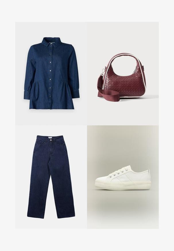 Chemise en denim foncé avec col, boutonnage sur le devant, manches longues et détails froncés style basque à la taille. Texture lisse et design classique.; Pantalons en denim bleu foncé avec une coupe droite, dotés d'une fermeture à bouton à l'avant, de passants de ceinture et de deux poches avant.; Baskets basses blanches avec semelle épaisse côtelée, lacets à l'avant et languette à l'arrière sur fond neutre.; Sac à main en cuir tressé marron foncé avec poignée courbée, garniture blanche, fermeture éclair argentée et bandoulière large en tissu amovible sur fond uni.