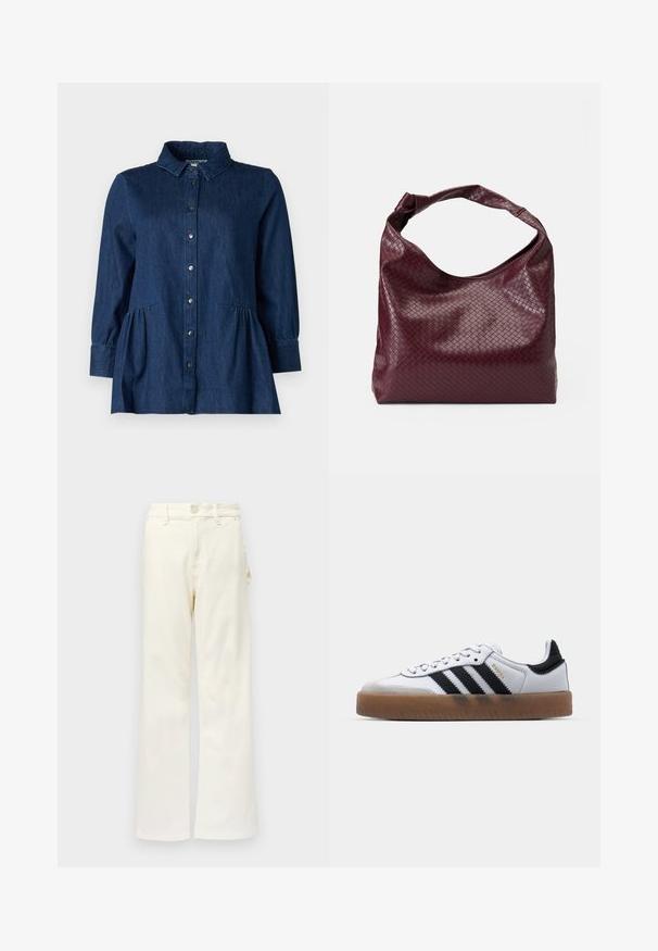Mørk denimskjorte med krave, knaplukning foran, lange ærmer og indsamlede peplum-detaljer ved taljen. Glat tekstur og klassisk design.; Good American GOOD 90S CARPENTER - Wide leg - white denim; Hvide lædersneakers med sorte striber, gummirubber sål, rund tå, snørelukning og blød grå ruskinds tåhætte.; Burgunderfarvet taske med et tekstureret, vævet mønster, blødt lædermateriale og et enkelt, knyttet håndtag. Rummeligt, hobo-stil design.