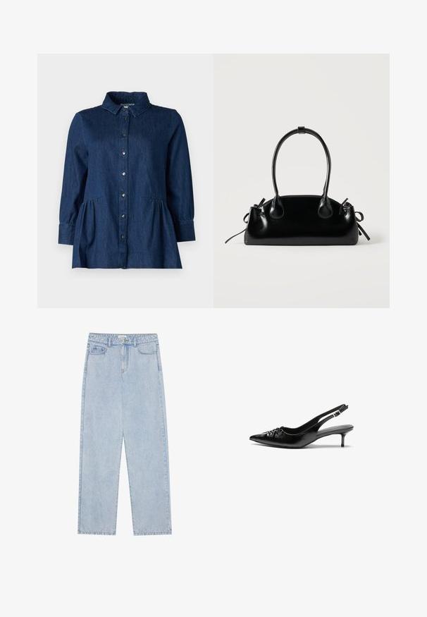 Mørk denimskjorte med krave, knaplukning foran, lange ærmer og indsamlede peplum-detaljer ved taljen. Glat tekstur og klassisk design.; Lyseblå, højtaljede denimbukser med lige ben, fem lommer og synlige sømme. Materialet har en klassisk vaskeeffekt.; Sorte læder slingback-pumps med spids tå, lav kitten-hæl og rynket detalje på overdelen. Glat tekstur og minimalistisk design.; Lille sort blank håndtaske med to lange håndtag og snøre-detaljer i siden på en ensfarvet lys baggrund.
