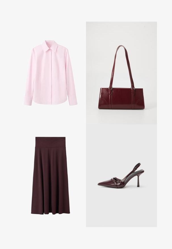 Chemise rose clair à manches longues avec col pointu, boutonnage sur le devant et texture douce. Coupe ajustée avec un ourlet droit et des manches retroussées.; Jupe midi bordeaux en tissu doux avec une large ceinture élastique. Présente une coupe fluide qui se resserre légèrement vers l'ourlet.; Escarpin slingback en cuir verni bordeaux avec bout pointu, fine bride à la cheville et petit détail décoratif de boucle. Texture lisse et talon haut.; Sac à main bordeaux en matériau brillant, de forme rectangulaire, avec deux anses et des accents légèrement courbés à l'avant.