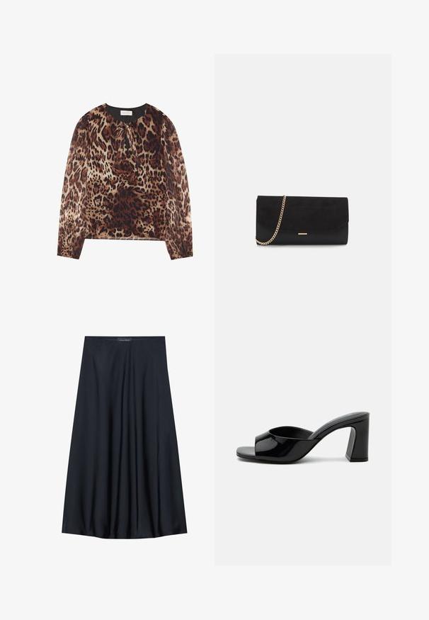 Blouse à imprimé léopard avec un col rond et un détail à nouer, dotée de longues manches transparentes. Le tissu a une texture légère et lisse.; Jupe noire, arrivant aux genoux, en tissu léger avec un design fluide. Présente une texture lisse et de subtils plis pour un détail supplémentaire.; Mule noire en cuir verni à bout ouvert avec une large bride et un talon bloc mi-haut massif sur fond blanc.; Porte-monnaie noir en daim avec une finition texturée, doté d'une chaîne dorée et d'un design épuré et angulaire.