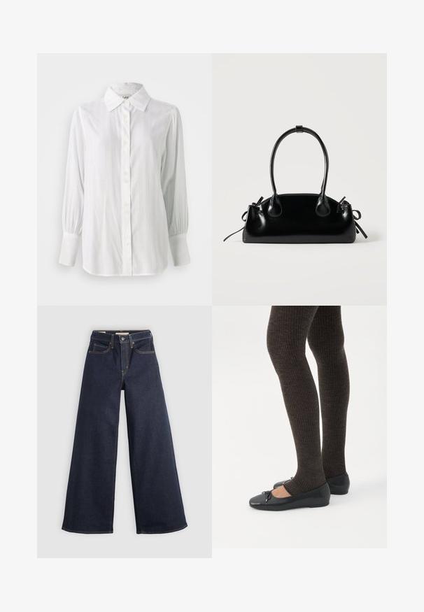 Witte blouse met verticale strepen, lange opgeblazen mouwen en een klassieke kraag. Voorzien van een rij van vijf knopen aan de voorkant.; Wijde denim jeans in donkerblauw met contrasterende stiksels. Bevat een traditionele vijf-pocketontwerp en een knoopsluiting in de taille.; Benen met donkere geribbelde leggings gecombineerd met zwarte ballerina's met kleine strikdetails op een witte achtergrond.; Kleine zwarte glanzende handtas met twee lange hengsels en zijkant trekkoord details op een effen lichte achtergrond.