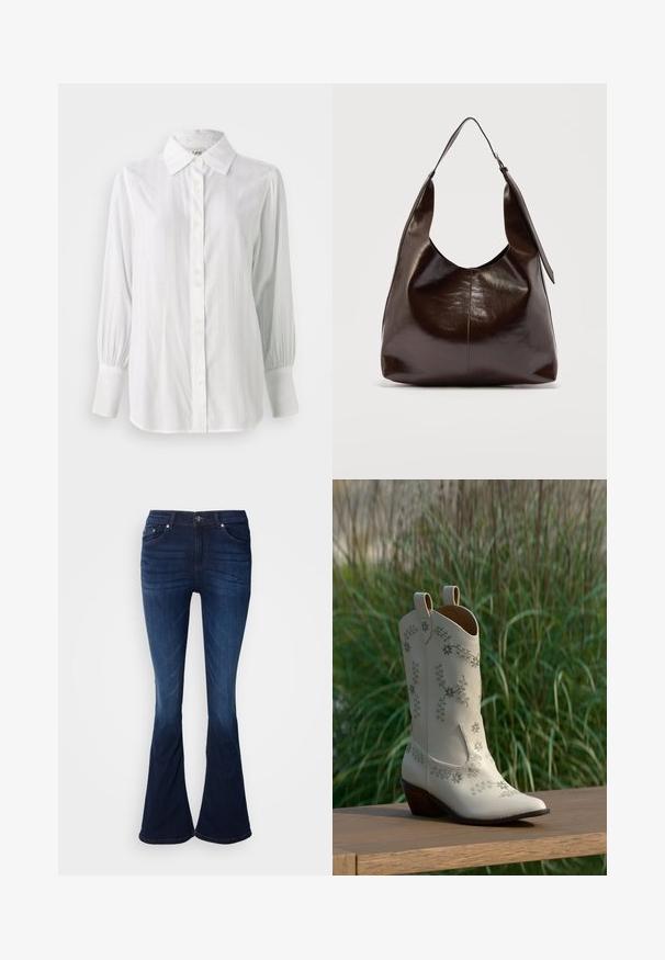 Witte blouse met verticale strepen, lange opgeblazen mouwen en een klassieke kraag. Voorzien van een rij van vijf knopen aan de voorkant.; Uitlopende donkerblauwe denim jeans met een gladde textuur, vijf zakken en knoopsluiting. Kenmerkt zich door een geleidelijke verheldering naar de zoom toe.; Crèmekleurige cowboylaars met bloemrijke borduursels en een mediumbruine schuine hak, getoond op een houten oppervlak met achtergrond van hoog gras.; Donkerbruine glanzende leren schoudertas met een enkele brede riem en gespsdetail aan één kant, tegen een effen lichte achtergrond.