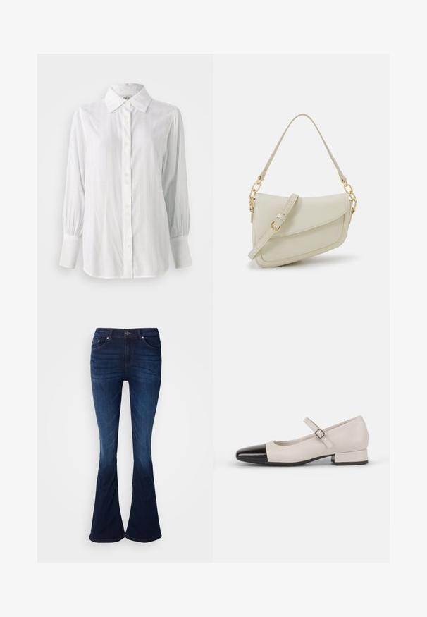 Chemise blanche à boutons, à rayures verticales, avec de longues manches bouffantes et un col classique. Comprend une rangée de cinq boutons sur le devant.; Jean en denim bleu foncé évasé avec une texture lisse, design à cinq poches et fermeture à bouton. Présente un éclaircissement progressif vers l'ourlet.; Chaussure de style Mary Jane en cuir crème avec un bout en vernis noir. Présente un bout rond, une sangle de cheville avec une boucle carrée et un petit talon carré.; Petit sac à main crème avec une finition texturée, une longue sangle réglable, un accent en chaîne et une fermeture à rabat. Détails en matériel doré.