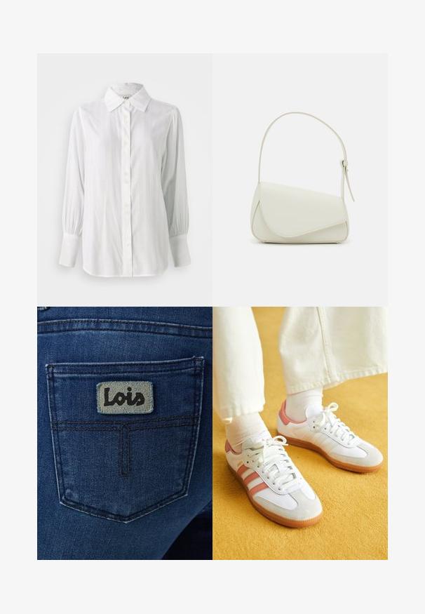 Witte blouse met verticale strepen, lange opgeblazen mouwen en een klassieke kraag. Voorzien van een rij van vijf knopen aan de voorkant.; Donkerblauwe spijkerbroek met een achterzak waarop een vierkant lichtblauw label is bevestigd met de tekst "Lois" in zwarte cursieve letters.; Witte sportschoenen met roze accenten, gemaakt van suede en leer, met een ronde neus en een rubberen zool, weergegeven met lichtgekleurde sokken op een gele achtergrond.; Witte nepleren handtas met een gestructureerde driehoekige vorm, een enkele verstelbare schouderriem en een klep met ronde accenten.