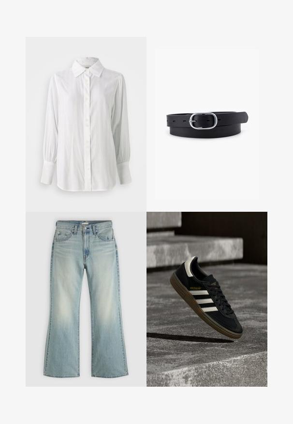 Witte blouse met verticale strepen, lange opgeblazen mouwen en een klassieke kraag. Voorzien van een rij van vijf knopen aan de voorkant.; Lichtblauwe spijkerbroek met een hoge taille, knoop- en ritssluiting aan de voorkant, vijf zakken en licht uitlopende pijpen.; Zwarte Adidas sneaker met witte strepen en gumzool die boven grijze betonnen trappen zweeft in natuurlijk licht.; Zwarte leren riem met een gladde textuur, ovaal zilveren metalen gespsluiting en meerdere verstelgaten langs de band. Platte, minimalistische uitstraling.