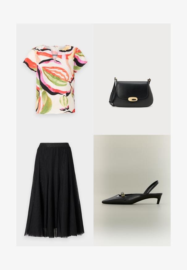 Blouse à manches courtes en tissu léger, avec un col en V et un motif de feuilles coloré dans des teintes de rose, rouge, vert et noir.; Jupe maxi noire avec un design texturé et fluide. Elle présente une large ceinture scintillante et un tissu en couches, transparent, pour un look gracieux.; Escarpin slingback en cuir noir avec talon kitten, bout pointu et petite boucle dorée sur un fond uni.; Sac à bandoulière en cuir noir avec un design à rabat, fermoir ovale doré et bandoulière ajustable. Texture lisse et style minimaliste.