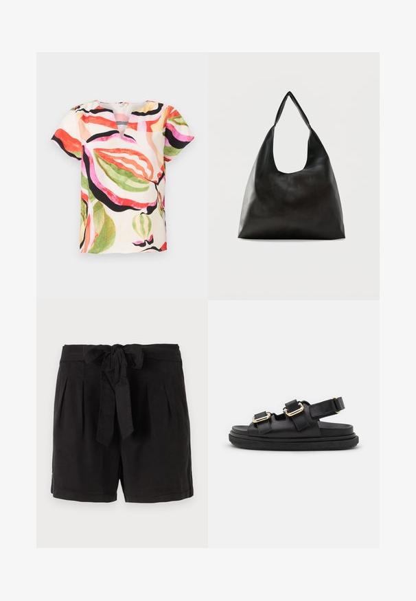 Blouse à manches courtes en tissu léger, avec un col en V et un motif de feuilles coloré dans des teintes de rose, rouge, vert et noir.; Shorts en coton noir avec une ceinture à nouer à la taille, des plis à l'avant et des poches latérales. Texture lisse et design décontracté.; ALOHAS HARPER - Sandales - black; Sac bandoulière en cuir noir lisse avec une large sangle unique et un design décontracté et minimaliste sur un fond uni.