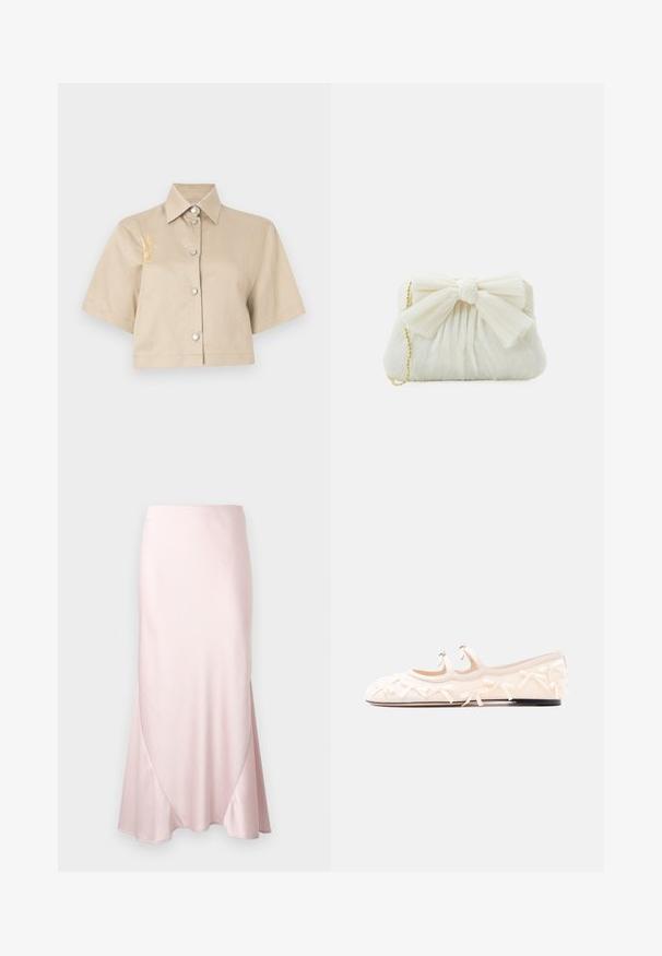 Beige Kurzarmhemd mit Knopfleiste und silbernen Knöpfen. Auf der linken Seite befindet sich ein gelbes gesticktes Detail.; Hellrosa Satin-Midirock mit A-Linien-Silhouette und dezenten diagonalen Nahtdetails vor einfarbigem Hintergrund.; Elfenbeinfarbener flacher Schuh mit zwei Riemen, verziert mit kleinen Schleifen, und einer schwarzen Sohle vor weißem Hintergrund.; Weißes, gefaltetes Clutch-Case mit einem auffälligen Schleifendetail und einem goldenen Kettenriemen. Weiche Textur mit einem gerafften Design auf der Vorderseite.