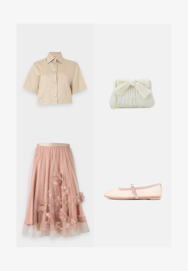 Beige Kurzarmhemd mit Knopfleiste und silbernen Knöpfen. Auf der linken Seite befindet sich ein gelbes gesticktes Detail.; Tüllrock in sanftem Rosa mit einem Satinbund. Verfügt über mehrlagigen, transparenten Stoff und dreidimensionale Blumenapplikationen über die gesamte Fläche.; Hellbeiger flacher Schuh mit spitz zulaufender Vorderkappe und einem einzelnen seitlichen Schnallenriemen, präsentiert auf weißem Hintergrund.; Weißes, gefaltetes Clutch-Case mit einem auffälligen Schleifendetail und einem goldenen Kettenriemen. Weiche Textur mit einem gerafften Design auf der Vorderseite.