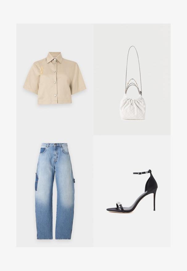 Afskåret beige skjorte med korte ærmer, knaplukning foran og sølvknapper. Har en gul broderet detalje på venstre side.; Lyseblå denim jeans med vide ben, høj talje, for- og sidelommer samt lukning med knap og lynlås.; Sort satin højhælet sandal med en slank rem, ankelspænde og dekorativ rhinsten-detalje på tåremmen.; Hvid quiltet håndtaske med en samlet top, der har blandede kædestropper i sølv og guld. Blød tekstur og kompakt, rund form.