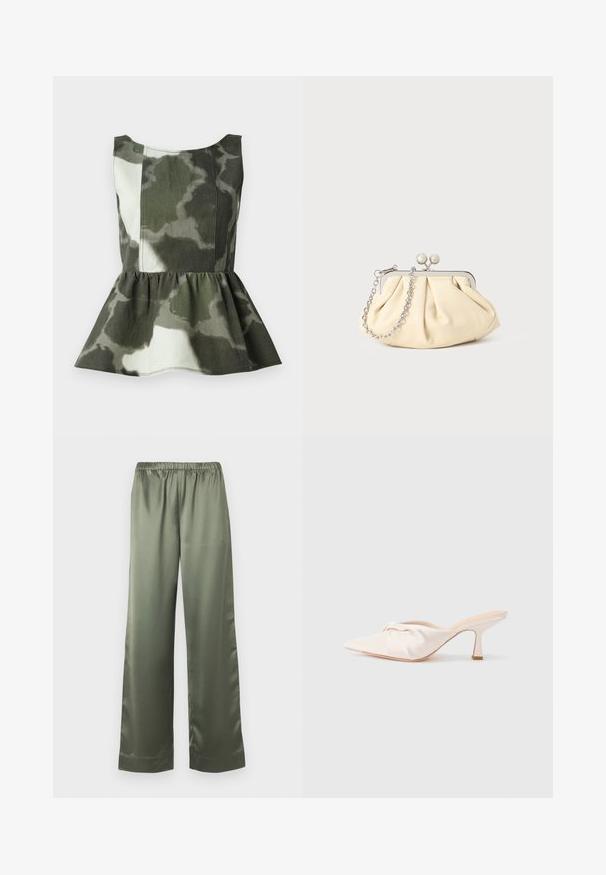 Top peplum en tissu à motif camouflage dans des teintes vertes et beiges, avec un corsage ajusté et un ourlet froncé évasé.; Pantalon ample en satin vert olive avec une taille élastique et des jambes larges et droites.; Chaussure mule en tissu beige clair avec un design noué à l'avant, bout pointu et talon fin et effilé. Texture lisse dans l'ensemble.; Pochette en cuir beige plissé avec un cadre en métal argenté, dotée de deux fermoirs ronds décoratifs et d'une chaîne en argent.