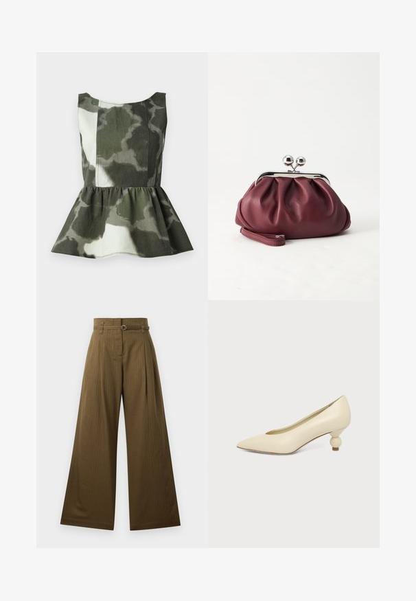 Top peplum en tissu à motif camouflage dans des teintes vertes et beiges, avec un corsage ajusté et un ourlet froncé évasé.; Pantalons larges en tissu vert olive, avec une taille haute, des plissés à l'avant et un détail de boucle de ceinture circulaire en argent. Texture lisse.; Chaussure femme couleur crème à bout pointu avec un petit talon rond en forme de boule, sur fond uni.; Petit sac pochette en cuir bordeaux avec fermoir métallique argenté et bracelet sur fond blanc.