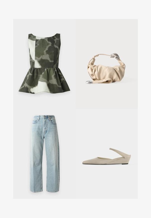 Top peplum en tissu à motif camouflage dans des teintes vertes et beiges, avec un corsage ajusté et un ourlet froncé évasé.; Jean large bleu clair en denim. Présente une taille haute, deux poches avant et une jambe droite avec un léger délavage.; Chaussure slingback beige à petit talon compensé, bout pointu et finition mate lisse, présentée de profil sur fond blanc.; Sac à main en cuir souple beige avec un design froissé, une quincaillerie argentée et une bandoulière ajustable sur un fond uni.