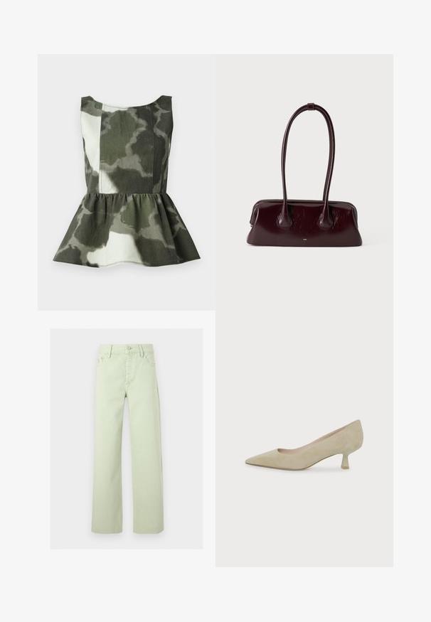 Top peplum en tissu à motif camouflage dans des teintes vertes et beiges, avec un corsage ajusté et un ourlet froncé évasé.; Jean vert clair taille haute, jambes droites, avec bouton devant, fermeture éclair, passants de ceinture et design cinq poches.; Escarpin en daim beige à bout pointu avec un talon bas et fin de hauteur moyenne sur fond blanc uni.; Sac à main en cuir brun foncé brillant avec de longues anses fines et une base rectangulaire structurée sur un fond clair uni.
