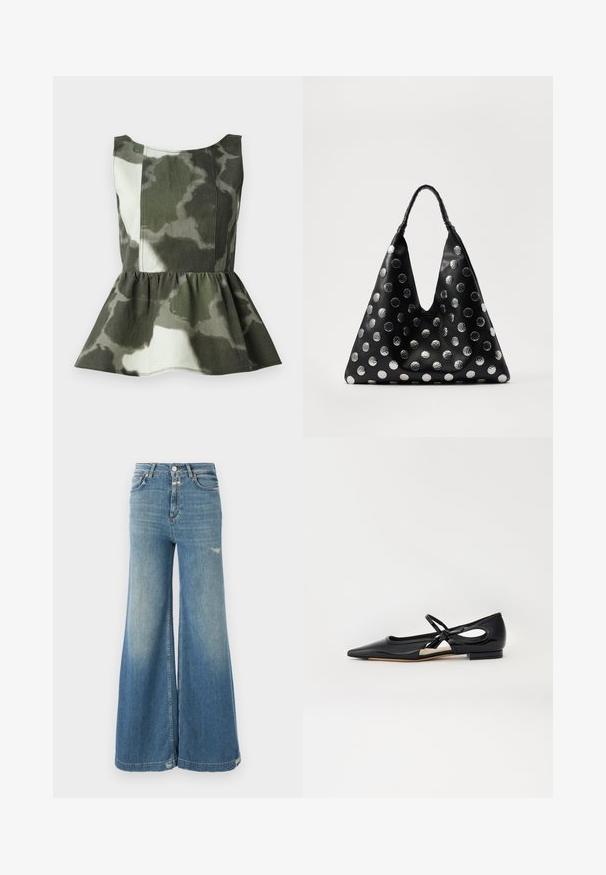 Peplum-top lavet af camouflagemønstret stof i grønne og beige nuancer, med en tætsiddende overdel og en fladret, rynket kant.; CLOSED GLOW UP - Wide leg - mid blue; Sorte patenterede lædersko med spids tå, åbne sider og en sløjfedetalje. Har en lav hæl og en glat overflade.; Sort lædertaske med en trekantet form, udstyret med sølvfarvede metallic prikker og et tekstureret håndtag. Generelt glat finish.