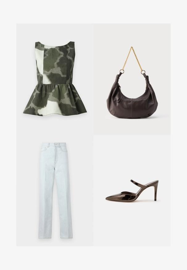 Peplum top vyrobený z látky s kamuflážnym vzorom v zelených a béžových tónoch, s priliehavým telom a rozšíreným volánovým lemom.; Svetlomodré džínsové nohavice s širokými nohavicami a vysokým pásom, so zapínaním na prednej strane, gombíkom a klasickým dizajnom s piatimi vreckami.; Lesklý tmavohnedý mule s vysokým podpätkom so špicatou špičkou a úzkym remienkom cez priehlavok na jednoduchej bielej pozadí.; Mäkká tmavohnedá kožená kabelka na rameno s uzlíkovými koncami a krátkym zlatým reťazovým popruhom na jednoduchom svetlom pozadí.
