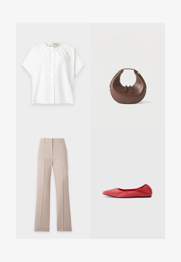 Blouse blanche à manches courtes avec encolure ronde, détail de tissu froncé près du col et boutons avant dissimulés.; Pantalon beige à jambes droites avec passants de ceinture et pli devant, présenté à plat sur fond blanc.; Filippa K REY FLATS - Ballerines - bright red; Sac à main en cuir marron en forme de croissant avec une poignée supérieure et deux curseurs de fermeture éclair, sur fond blanc.