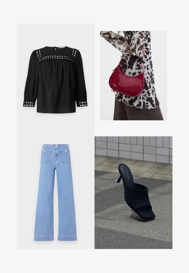 Zwarte blouse met ronde halslijn, geplooide mouwen en decoratieve uitsnijdingen rond de schouders en manchetten. Met een gestructureerde stof.; Lichtblauwe wijde jeans met hoge taille, twee achterzakken en gouden knopen. Gemaakt van denim met een gladde textuur en een nette afwerking.; Zwarte open teen mule met blokhak en vierkante neus, met merk "EVEN&ODD," geplaatst op grijze stoep vlakbij een betegelde muur.; Vrouw met een zwart-wit gebloemde blouse houdt een glanzende rode schoudertas vast tegen een effen achtergrond.