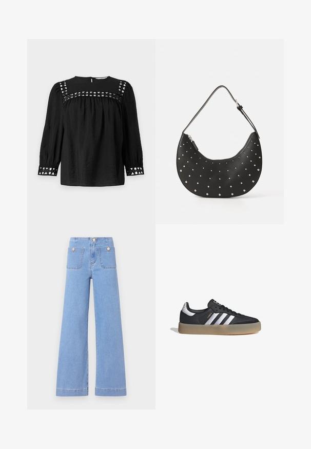 Blusa negra con escote redondo, mangas abullonadas y detalles decorativos de corte alrededor de los hombros y los puños. Tejido texturizado.; Jeans de pierna ancha de color azul claro con cintura alta, dos bolsillos traseros y botones en tono dorado. Están confeccionados con denim de textura suave y acabado limpio.; Zapatilla deportiva de cuero negro con tres rayas plateadas, punta texturizada y suela de goma. Cuenta con un collar acolchado y un diseño con cordones.; Bolso de mano de cuero negro con forma curva, adornado con tachuelas plateadas, cuenta con cierre de cremallera y una sola correa ajustable.