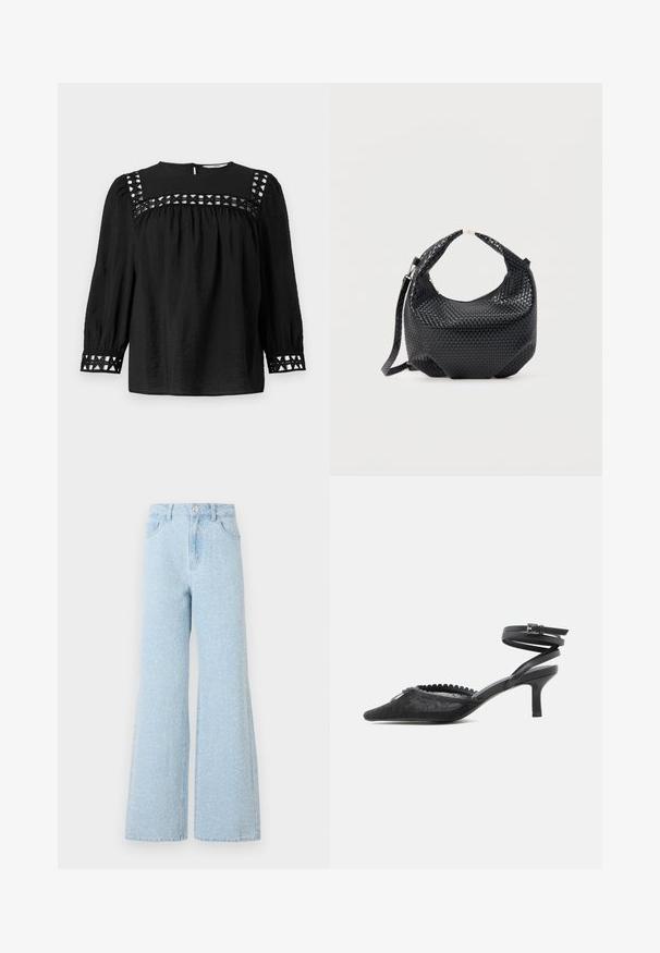 Blusa negra con escote redondo, mangas abullonadas y detalles decorativos de corte alrededor de los hombros y los puños. Tejido texturizado.; Pantalones vaqueros de mezclilla anchos de color azul claro con una cintura alta, que cuentan con un cierre de botón, cinco bolsillos y una sutil textura desgastada.; Tacón kitten negro de punta puntiaguda con parte superior de encaje, borde festoneado y correa de tobillo envolvente con cierre de hebilla.; Bolso de mano de cuero negro trenzado con asa corta y correa de hombro desmontable, exhibido sobre un fondo claro y liso.