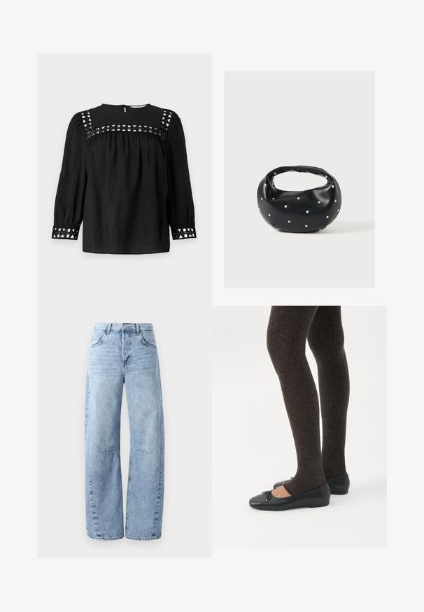 Blusa negra con escote redondo, mangas abullonadas y detalles decorativos de corte alrededor de los hombros y los puños. Tejido texturizado.; Vaqueros de mezclilla de pierna ancha en tono azul claro, con cintura alta, cinco bolsillos y un ligero desgastado. Las piernas presentan costuras y costuras visibles.; Piernas con leggings oscuros acanalados combinados con bailarinas negras que presentan pequeños detalles de lazo sobre un fondo blanco.; Bolso de mano de cuero negro con forma redondeada, decorado con detalles de tachuelas plateadas y un asa corta. Textura lisa y cierre con cremallera.