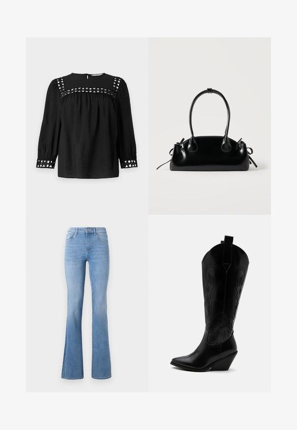Zwarte blouse met ronde halslijn, geplooide mouwen en decoratieve uitsnijdingen rond de schouders en manchetten. Met een gestructureerde stof.; Lichtblauwe flare jeans met een halfhoge taille, klassieke vijf-pocket stijl en subtiele vervaging langs de benen. Denim stofstructuur.; Zwarte leren cowboylaars met puntige neus, schuine blokhak, decoratieve stiksels en aantreklusjes bovenaan tegen een witte achtergrond.; Kleine zwarte glanzende handtas met twee lange hengsels en zijkant trekkoord details op een effen lichte achtergrond.