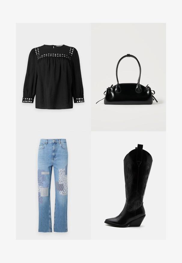 Blusa negra con escote redondo, mangas abullonadas y detalles decorativos de corte alrededor de los hombros y los puños. Tejido texturizado.; Jeans de mezclilla azul claro con un diseño de pierna ancha, que presentan varios parches de tela con patrones en azules y blancos en la parte frontal.; Bota de vaquero de cuero negro con punta puntiaguda, tacón bloqueado inclinado, costuras decorativas y lengüetas en la parte superior sobre fondo blanco.; Pequeño bolso negro brillante con dos asas largas y detalles de cordón lateral sobre un fondo claro liso.