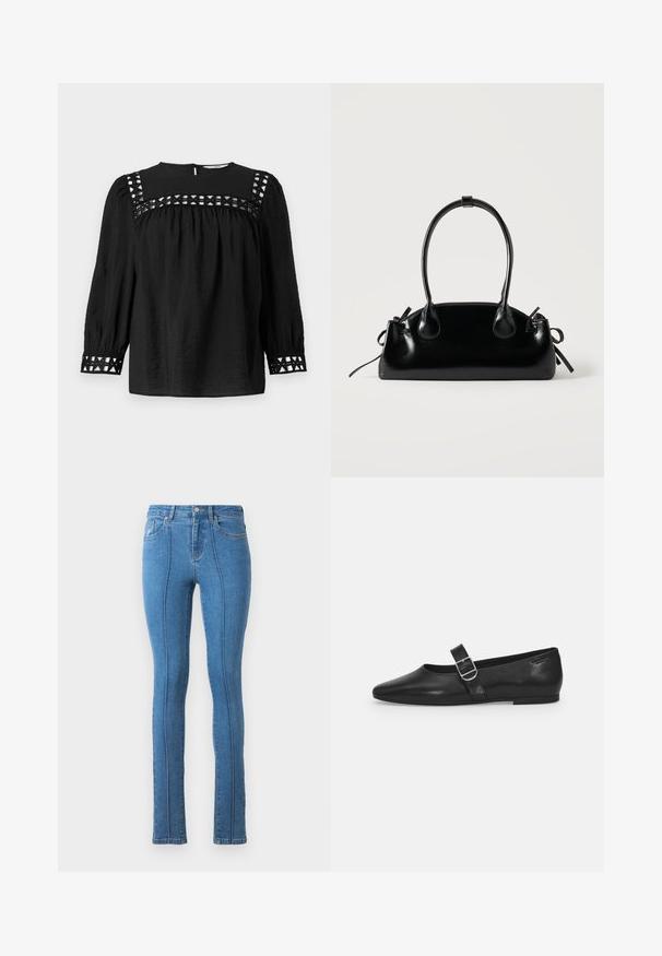 Zwarte blouse met ronde halslijn, geplooide mouwen en decoratieve uitsnijdingen rond de schouders en manchetten. Met een gestructureerde stof.; Blauwe denim skinny jeans met een hoge taille en een slanke pasvorm. Voorzien van stikseldetails langs de naden en typische voor- en achterzakken.; Zwarte leren platte schoen met een ronde neus, een enkele verstelbare gespsluiting en een gladde, glanzende textuur. Minimalistisch ontwerp met een lage hak.; Kleine zwarte glanzende handtas met twee lange hengsels en zijkant trekkoord details op een effen lichte achtergrond.