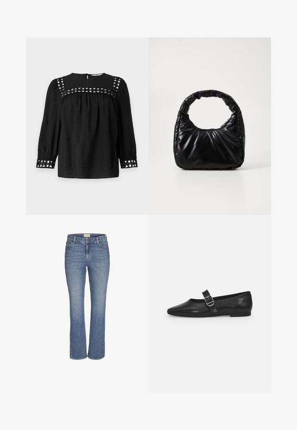 Zwarte blouse met ronde halslijn, geplooide mouwen en decoratieve uitsnijdingen rond de schouders en manchetten. Met een gestructureerde stof.; Mid-blauwe rechte denim jeans met een sluiting van knoop en rits aan de voorkant, riemlussen en voor- en achterzakken.; Zwarte leren platte schoen met een ronde neus, een enkele verstelbare gespsluiting en een gladde, glanzende textuur. Minimalistisch ontwerp met een lage hak.; Zwarte gevoerde handtas met een ronde handgreep, met een gladde, glanzende oppervlakte en een zachte, gewatteerde textuur. Geen zichtbare metalen onderdelen of accenten.