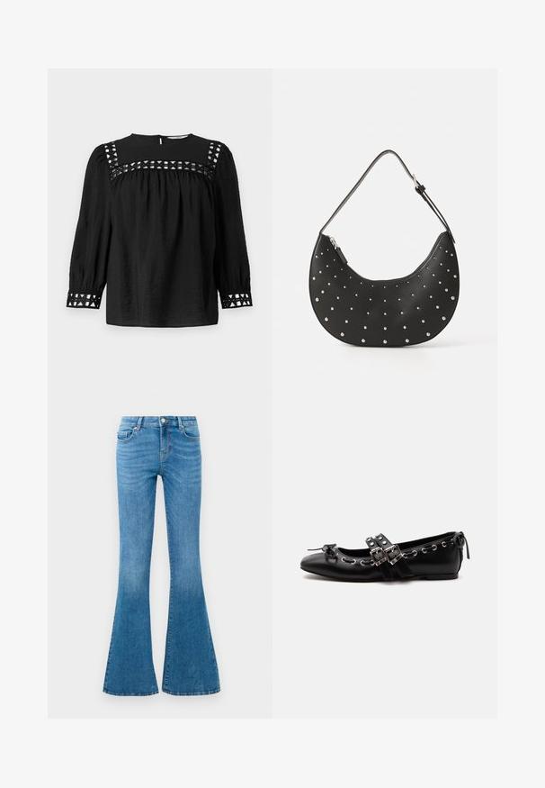 Zwarte blouse met ronde halslijn, geplooide mouwen en decoratieve uitsnijdingen rond de schouders en manchetten. Met een gestructureerde stof.; Blauwe spijkerbroeken met uitlopende pijpen en een mid-rise taille, voorzien van vijf zakken, een standaard knoopsluiting en een lichte vervaging voor textuur.; Zwarte platte balletschoen met dubbele gespsluitingen, zilveren oogjes en een klein strikje nabij de afgeronde neus op een witte achtergrond.; Zwarte leren handtas met een gebogen vorm, versierd met zilveren studs, voorzien van een ritssluiting en een enkele verstelbare schouderband.