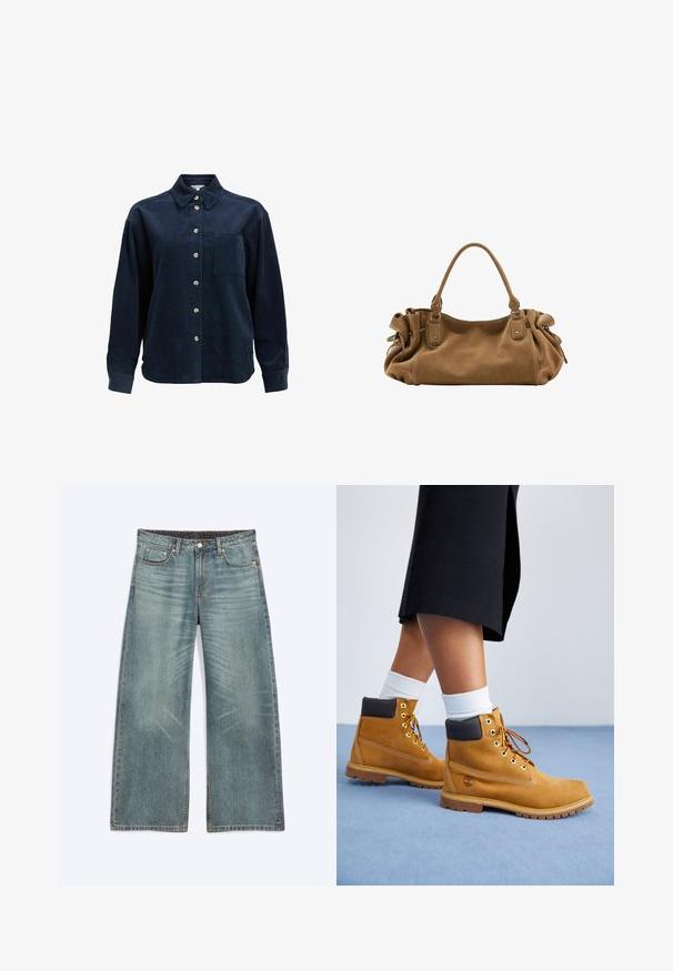 Chemise en velours côtelé bleu foncé à manches longues, avec boutonnière à l'avant, poche poitrine unique, col évasé et boutons beiges.; Jean bleu à jambes larges avec poches avant, passants de ceinture, fermeture par boutons et détails subtils d’usure sur les cuisses et les genoux.; Bottines en suede beige avec des accents en cuir marron, des œillets dorés et une semelle texturée. Chaussettes blanches visibles au-dessus des bottines.; Sac à main en daim marron doux avec une poignée supérieure unique et des détails latéraux froncés maintenus par des sangles en cuir et des anneaux métalliques.