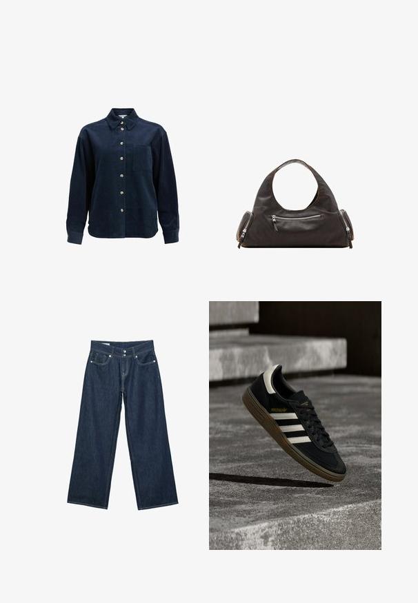 Chemise en velours côtelé bleu foncé à manches longues, avec boutonnière à l'avant, poche poitrine unique, col évasé et boutons beiges.; Jeans en denim bleu foncé à jambes larges avec fermeture à double bouton, poches avant et surpiqûres contrastantes sur fond blanc.; Baskets Adidas noires avec des bandes blanches et une semelle en gomme flottant au-dessus d'escaliers en béton gris sous une lumière naturelle.; Sac à main en cuir noir avec une poignée supérieure arrondie, deux poches latérales zippées et une texture lisse. Design légèrement souple.