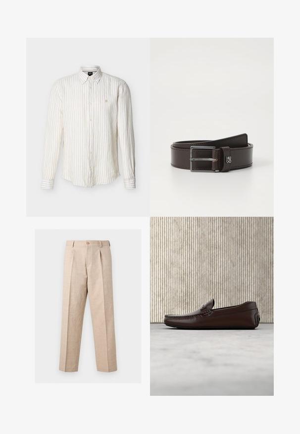 Chemise à manches longues à rayures verticales beige et blanches, boutonnée, avec col et petit logo brodé sur le côté gauche de la poitrine.; Pantalon beige à jambes droites avec plis, fermeture par bouton, passants pour ceinture et coupe ajustée.; Mocassins en cuir marron avec une finition lisse, des coutures de style mocassin, un bout rehaussé et une semelle en caoutchouc basse et flexible.; Ceinture en cuir brun avec une finition lisse, dotée d'une boucle rectangulaire en ton argent et d'accents de couture rouge. Détail du logo sur la sangle.