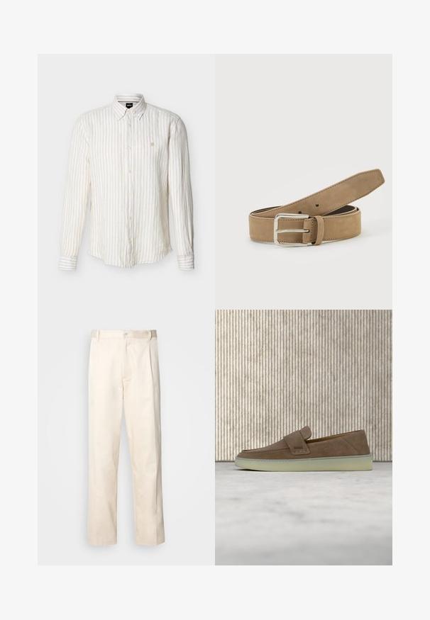Chemise à manches longues à rayures verticales beige et blanches, boutonnée, avec col et petit logo brodé sur le côté gauche de la poitrine.; Pantalon en coton beige avec une coupe droite, présentant une fermeture à bouton et des plis sur le devant pour plus de détails.; Mocassin beige en daim sans lacets avec semelle en caoutchouc blanche et logo BOSS sur la sangle latérale, présenté sur un fond neutre uni.; Ceinture en daim marron clair avec boucle métallique argentée, roulée et posée sur une surface blanche.